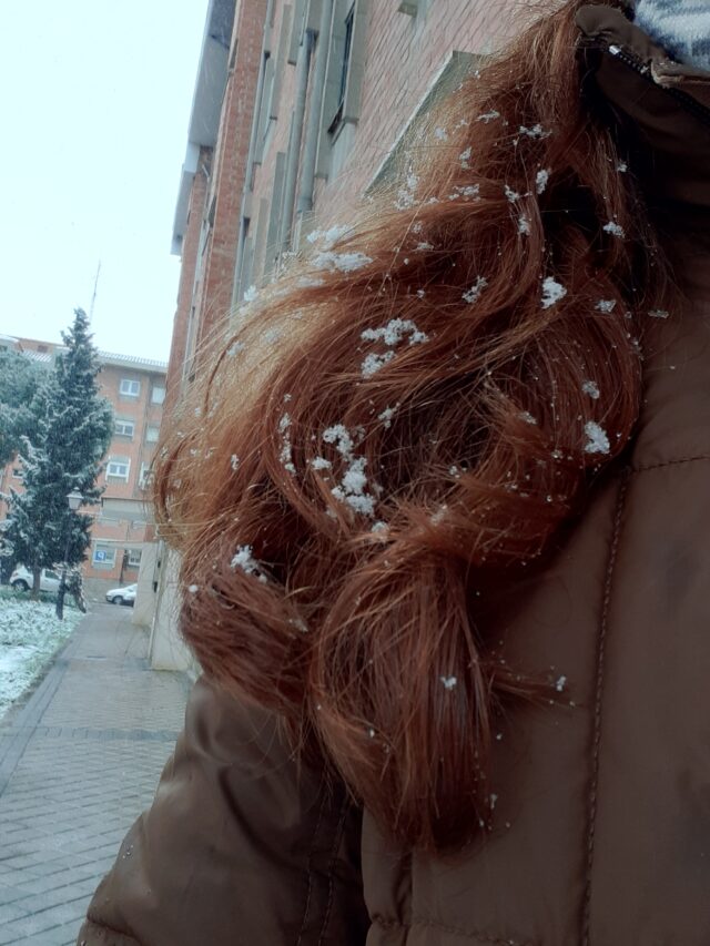 copos de nieve en el cabello de una chica